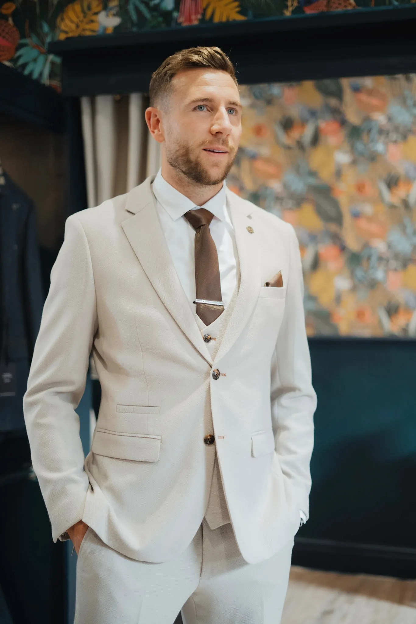 Former Newcastle United Defender Paul Dummett in HM5 Stone Three Piece Suit