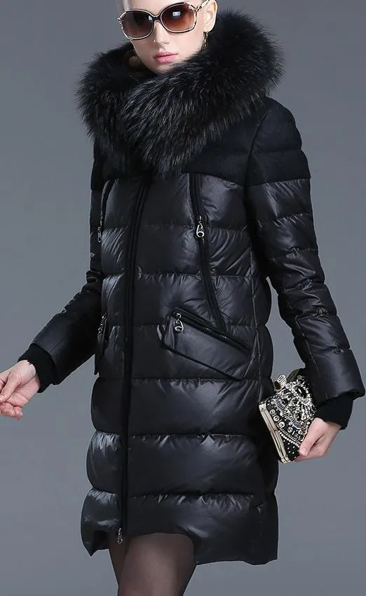 Fur-Hooded Down Puffer Coat, Black