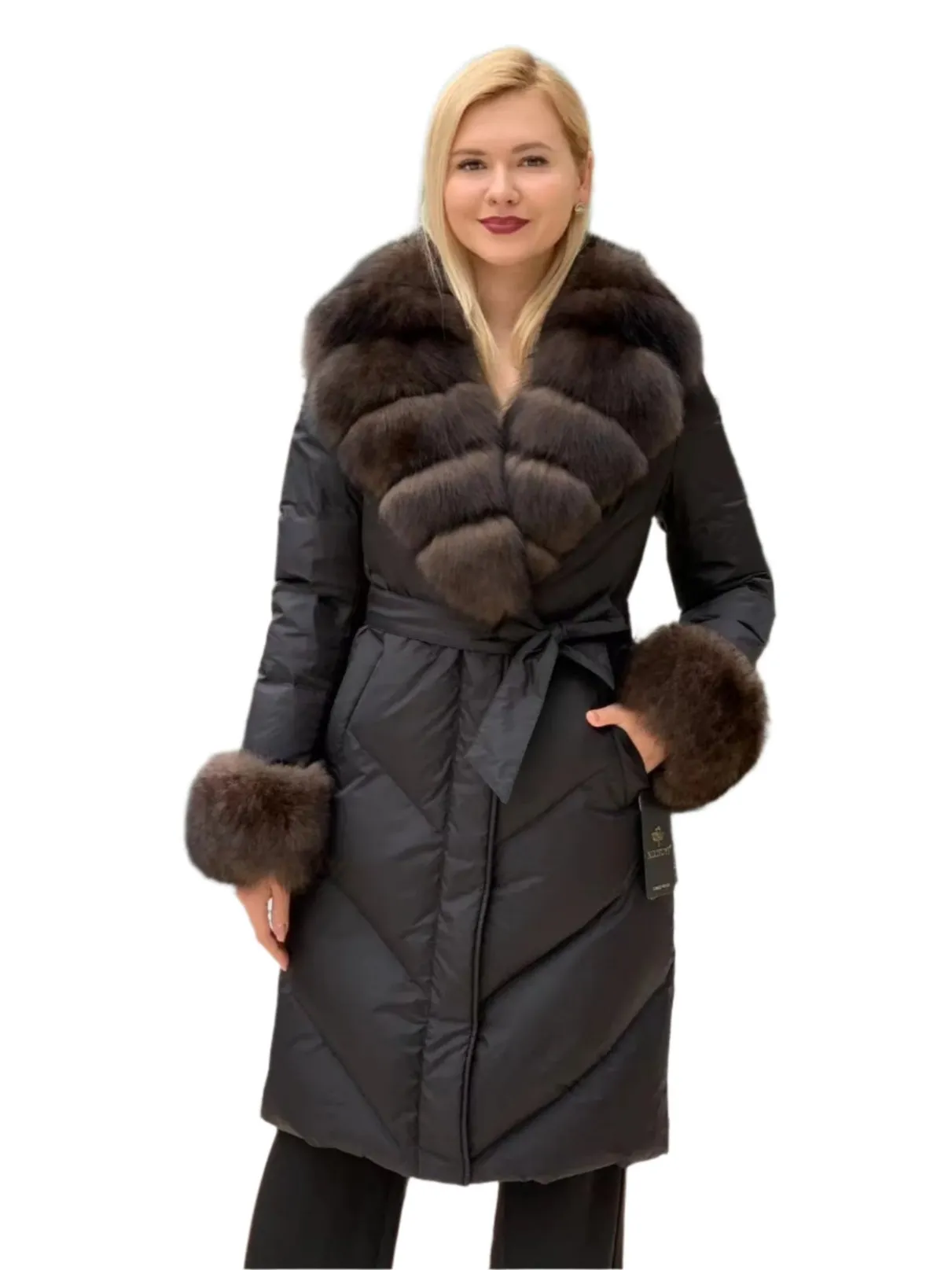 Genuine Polar Fox Fur Down Fill Belted Coat