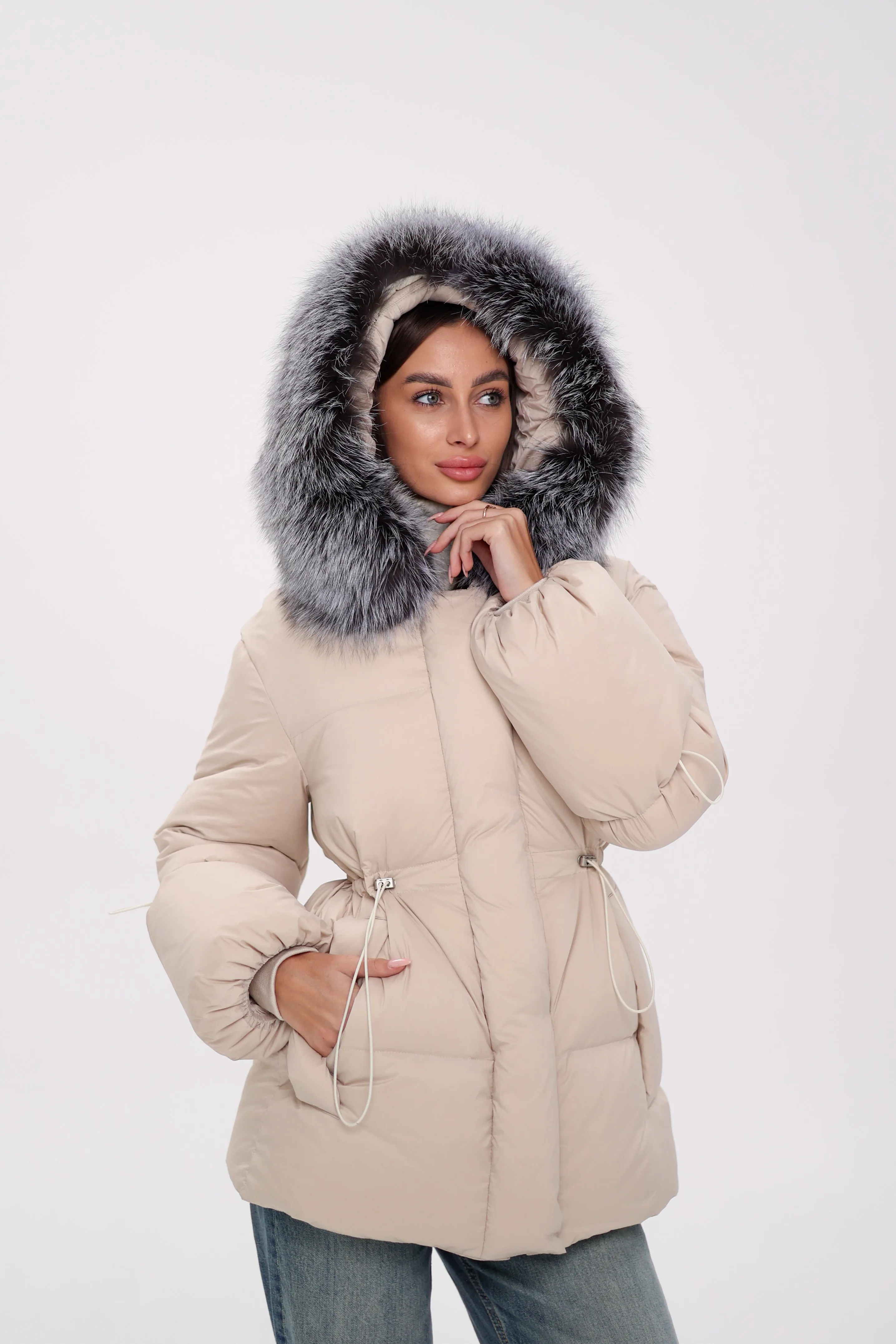 Genuine Silver Fox Down Fill Hooded Jacket