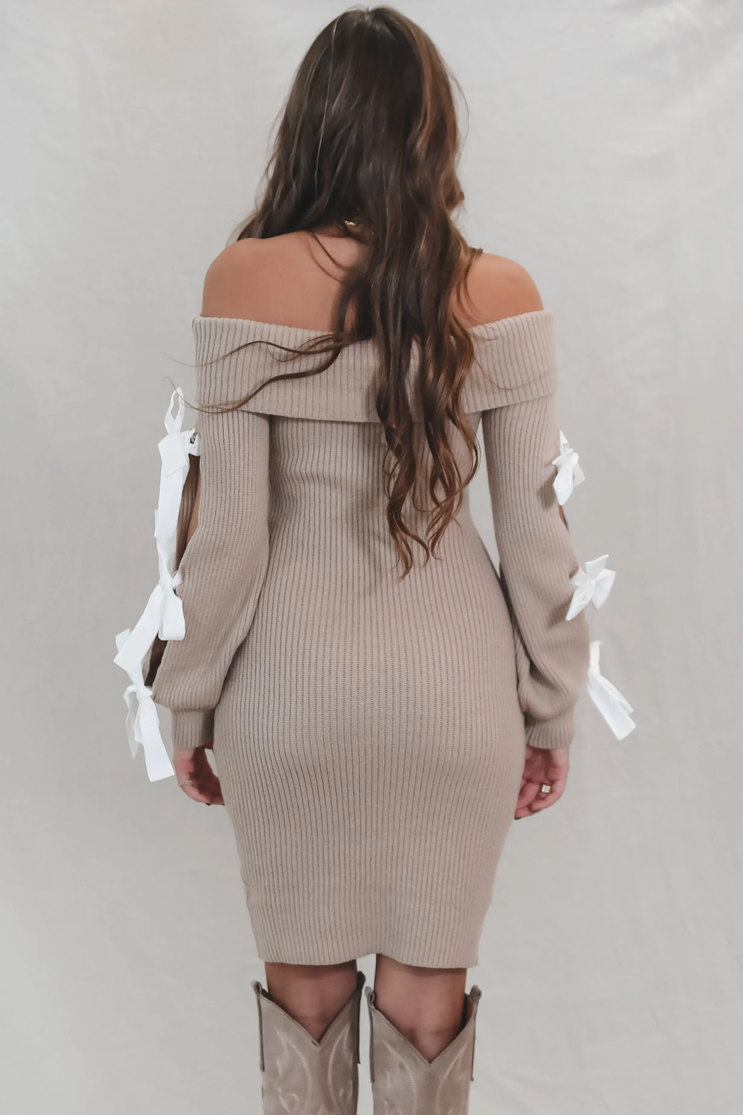 Got A Crush On You Taupe Knit Off The Shoulder Bow Dress