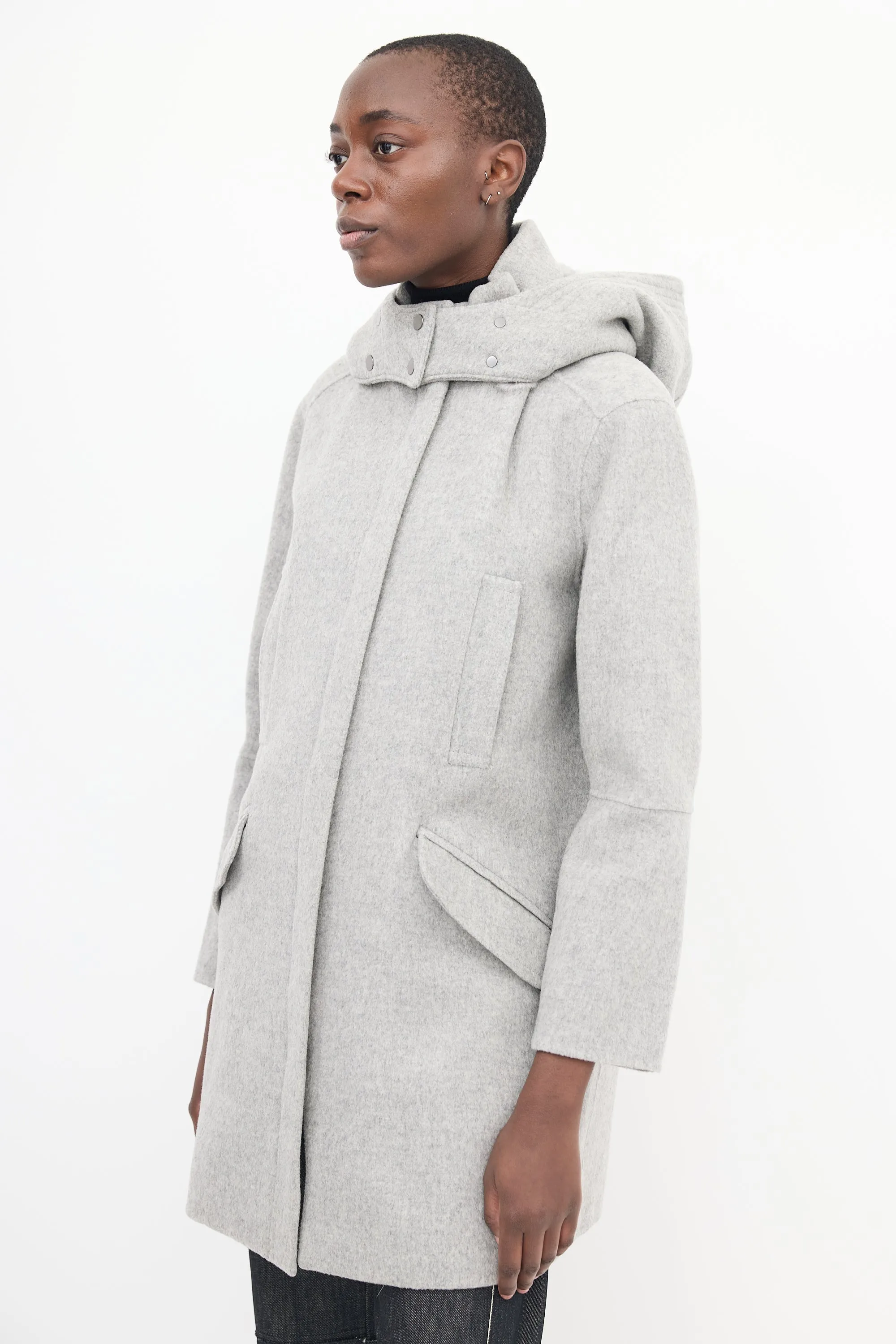 Grey Wool Zip Hooded Coat