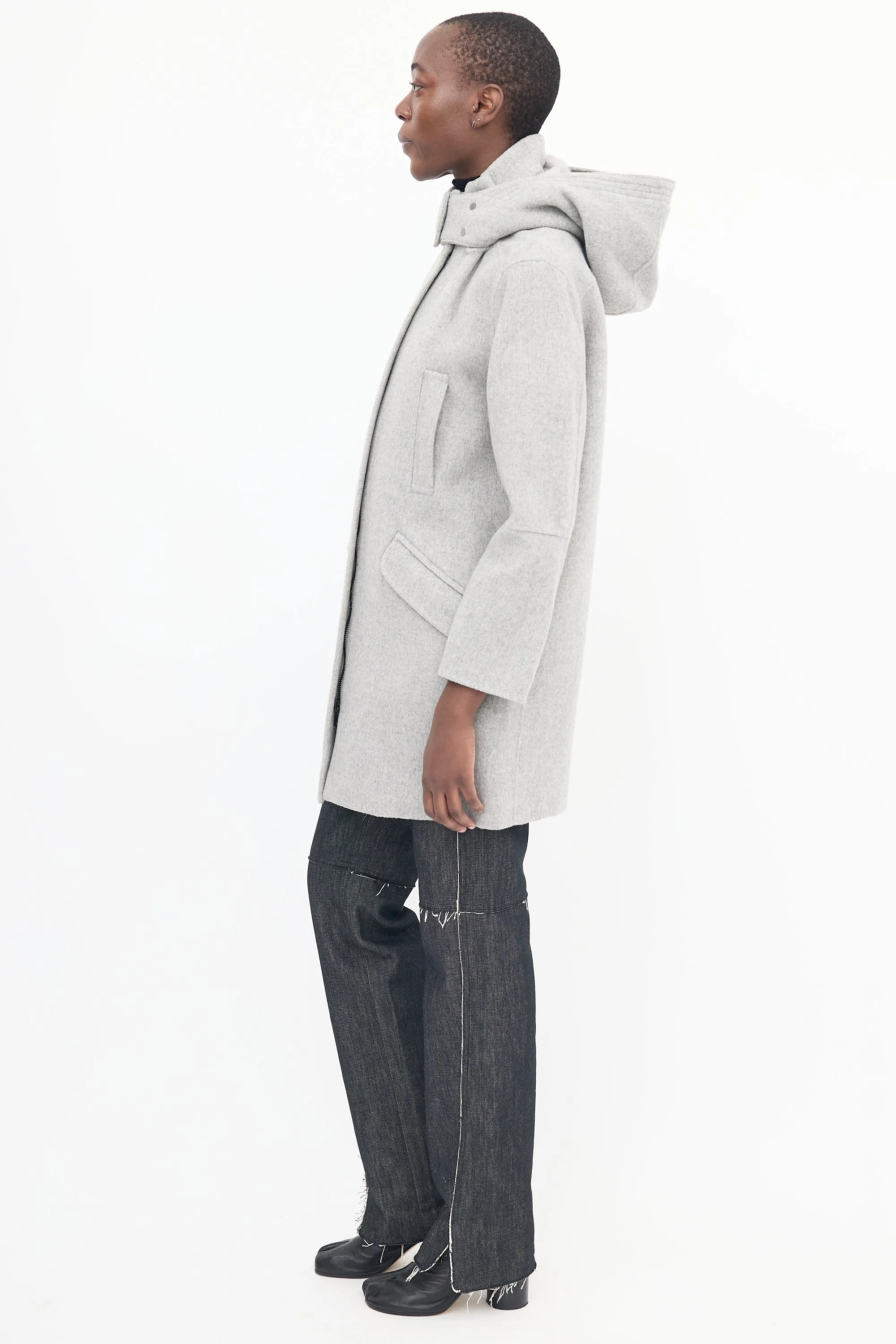 Grey Wool Zip Hooded Coat