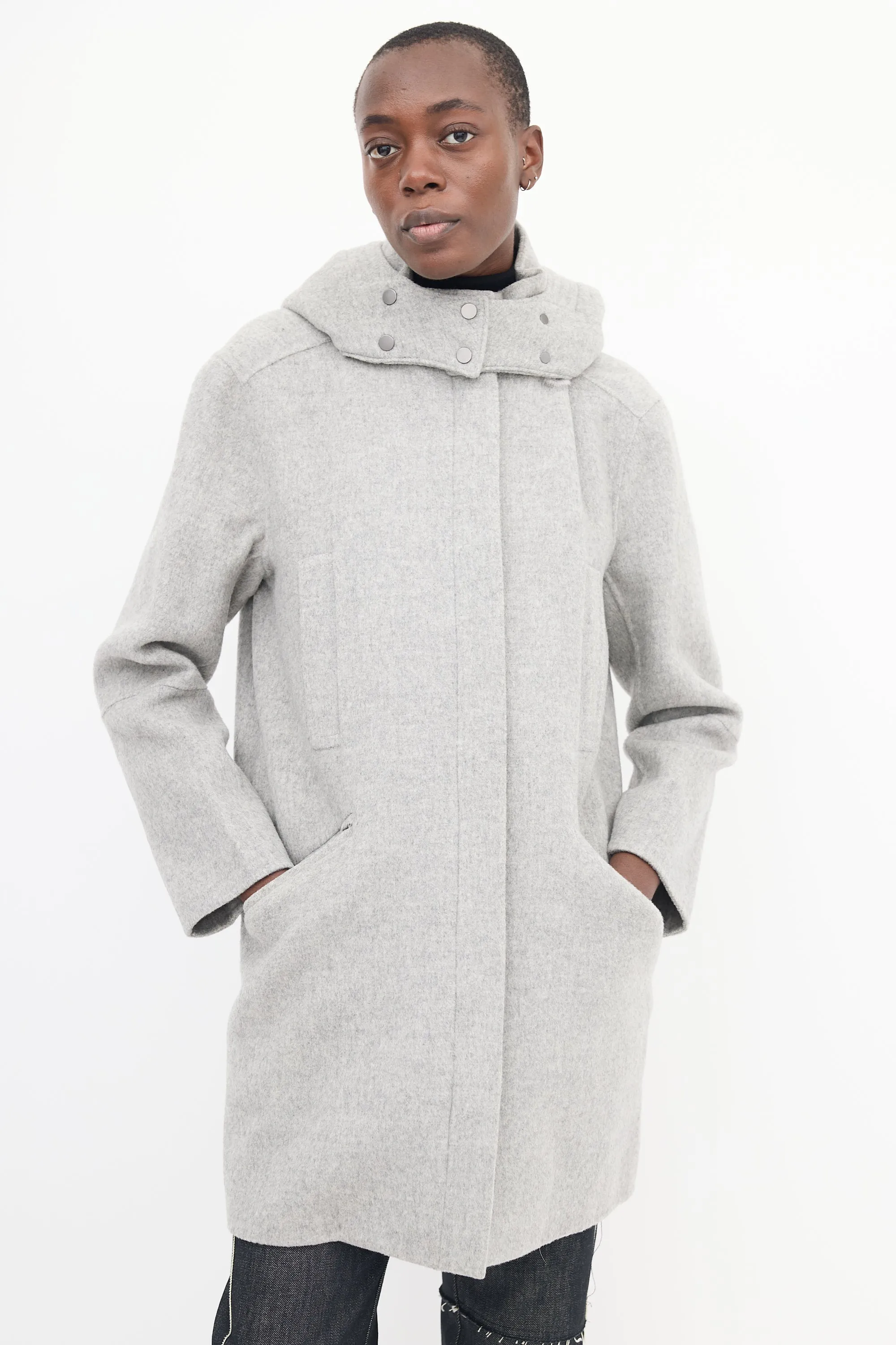 Grey Wool Zip Hooded Coat