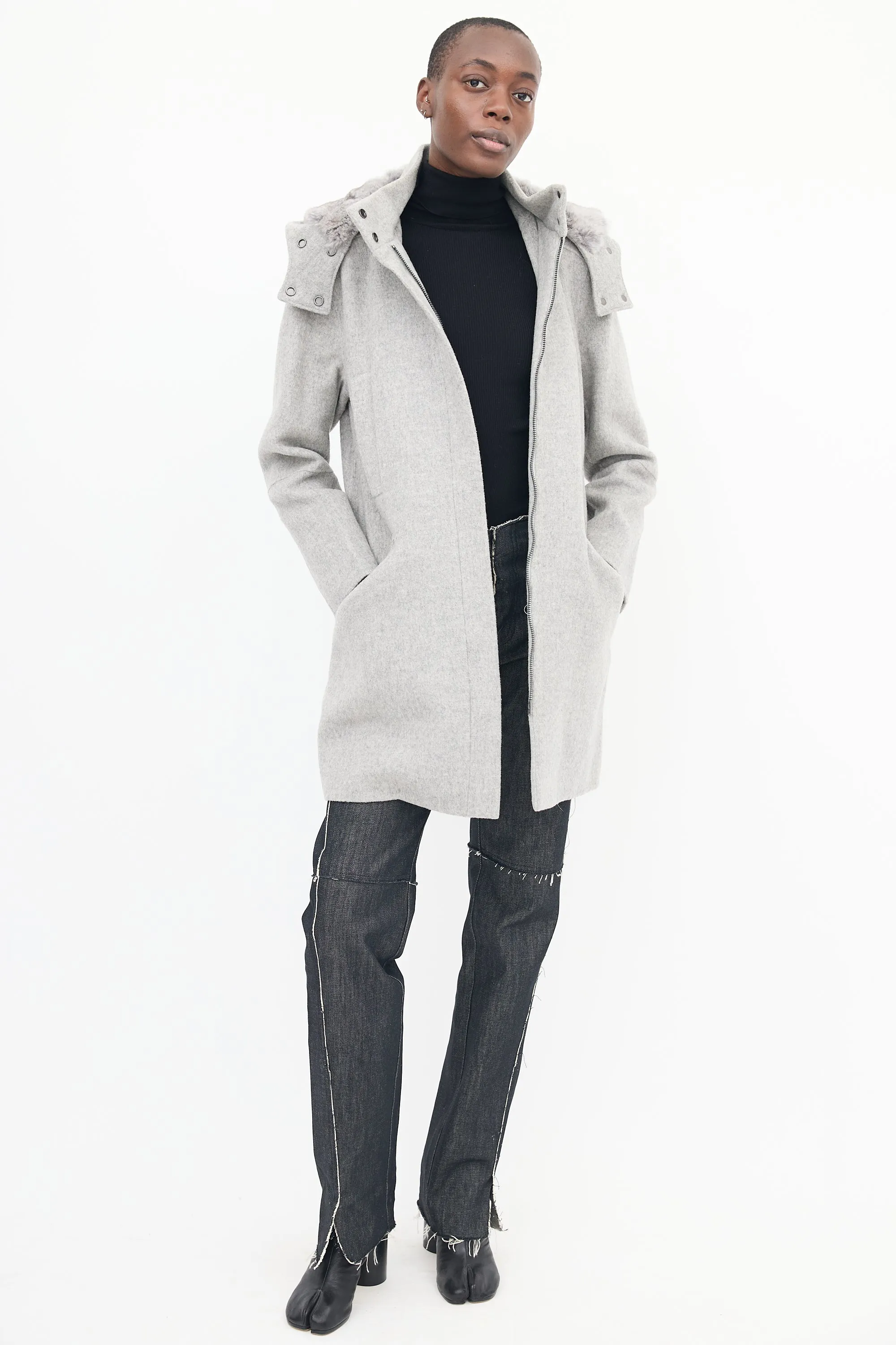 Grey Wool Zip Hooded Coat