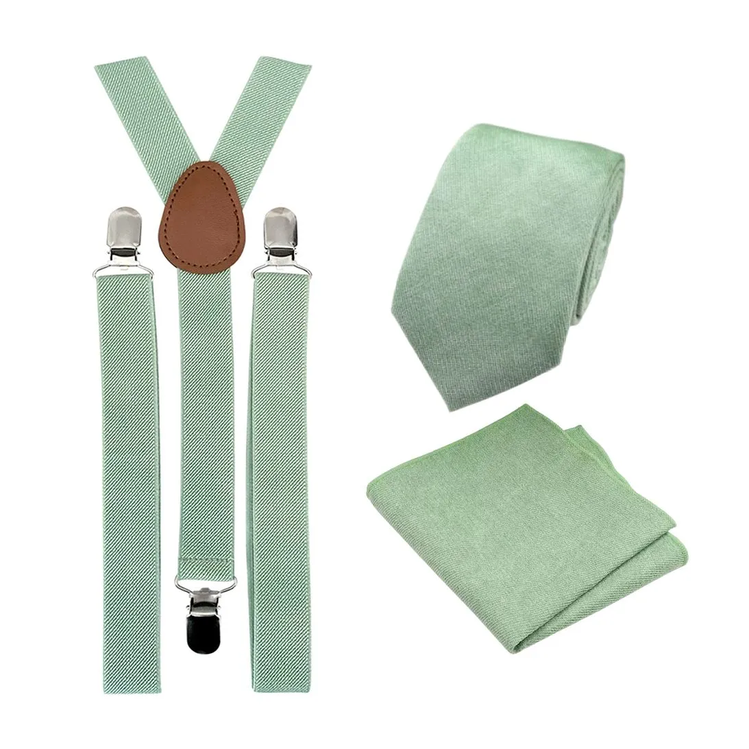 Harrison Sage Green Cotton Tie, Pocket Square and Eucalyptus Braces Set