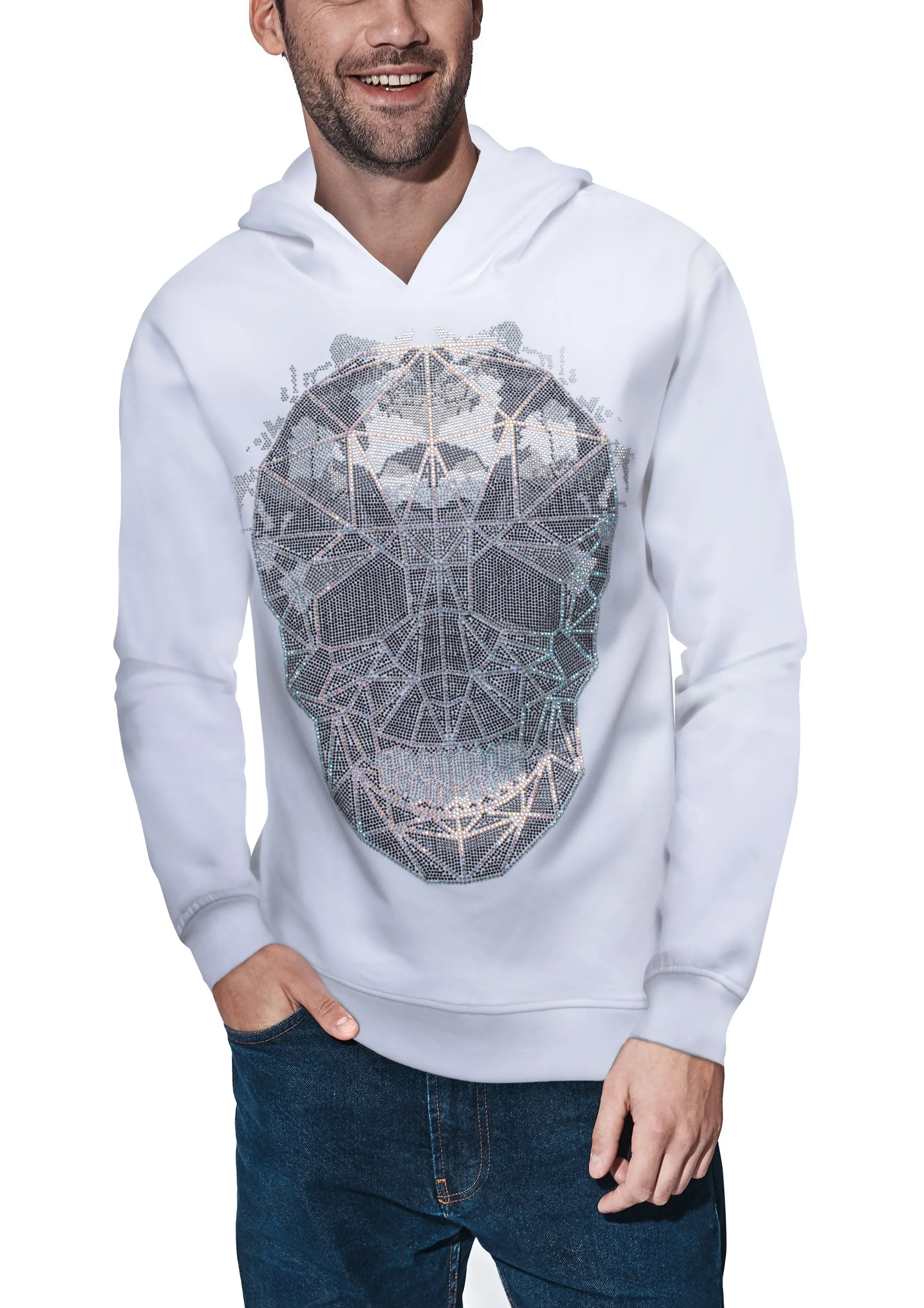 Heads or Tails Men's Bling Rhinestone Geometric 3D Skull Midweight Pullover Hoodie