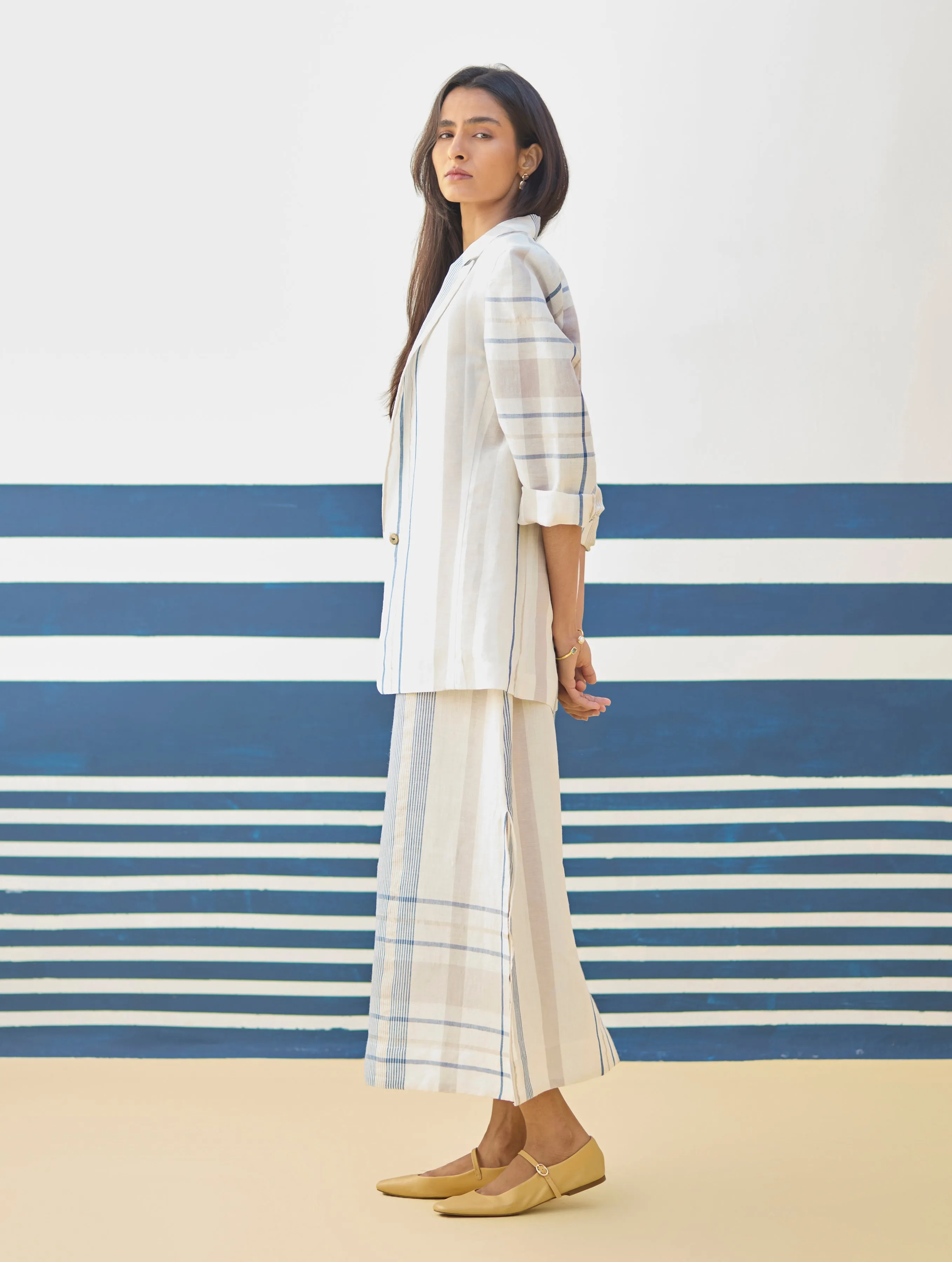 Inara Check Linen Dress With Blazer - Ivory