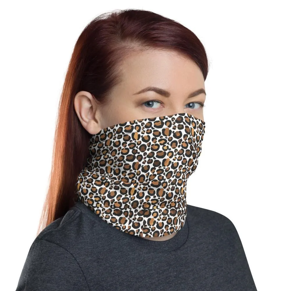 Leopard Cheetah Neck Gaiter, safari modern vintage wild Animal small spots, brown white dots background art Print Mask face Scarf headband