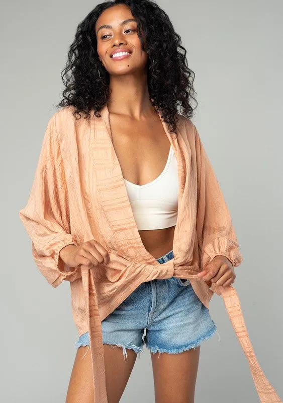 Lovestitch Stripe Textured Tie Front Kimono Top