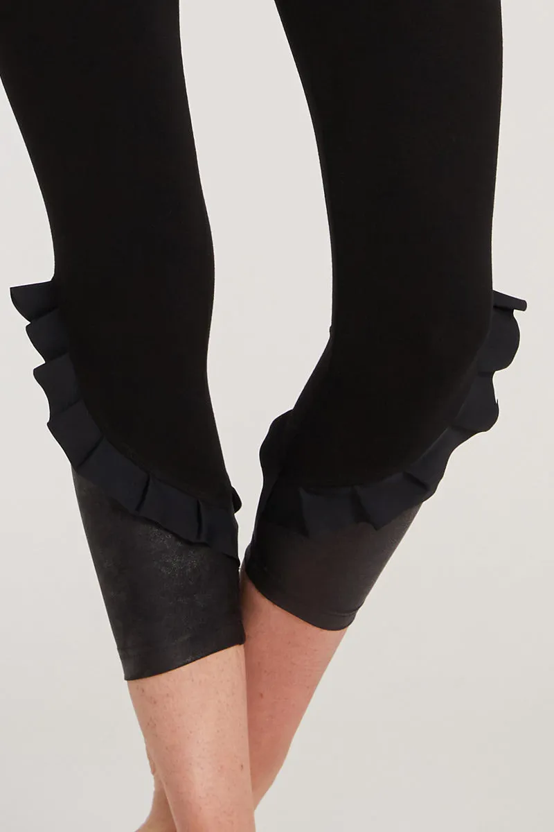 Medium Compression Waisted Cropped Leggings with Frill Side Detail Black