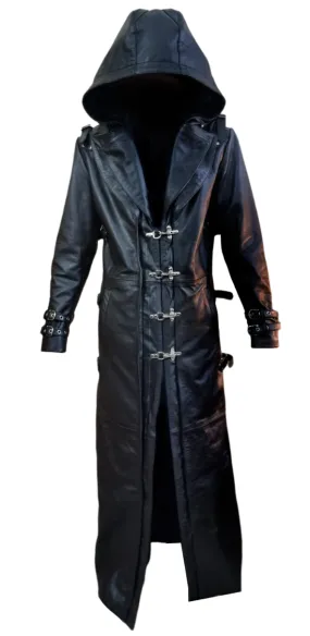 Mens Genuine Leather Long Coat Gothic Matrix Steampunk Style Hooded Trench Coat - JT32