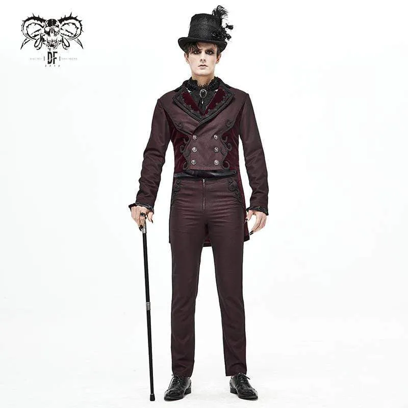 Men's Gothic Double-breasted Jacquard Swallow-tailed Suit Coat Dark Red