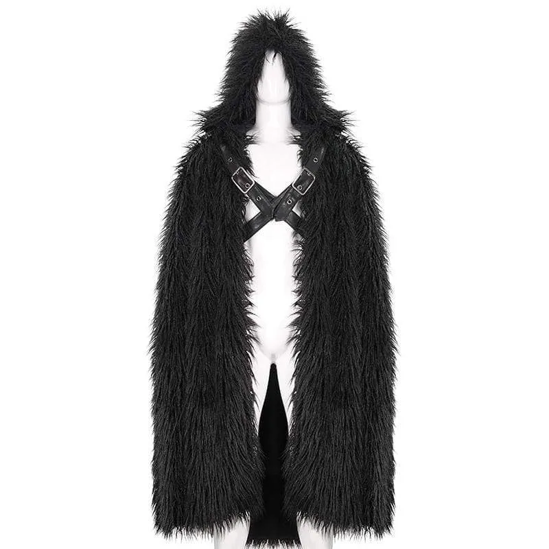 Men's Gothic Faux Fur Buckle Coat with Hood