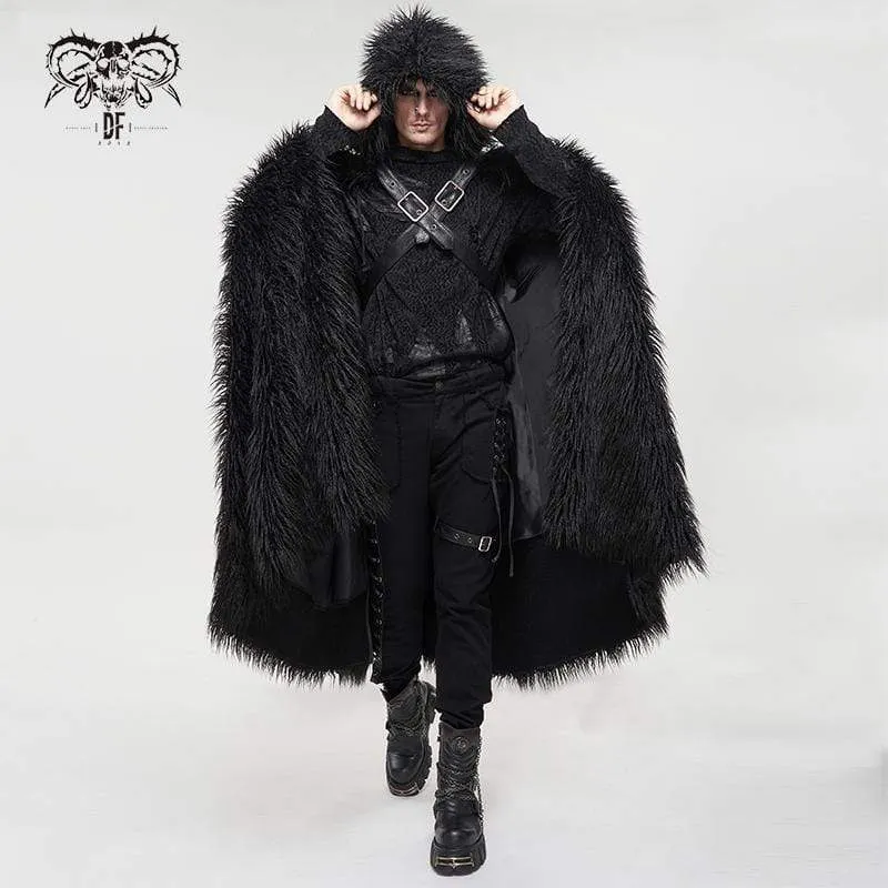 Men's Gothic Faux Fur Buckle Coat with Hood