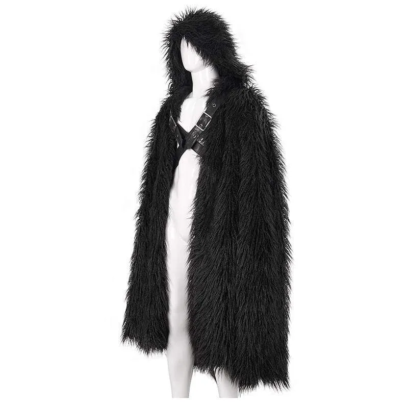 Men's Gothic Faux Fur Buckle Coat with Hood