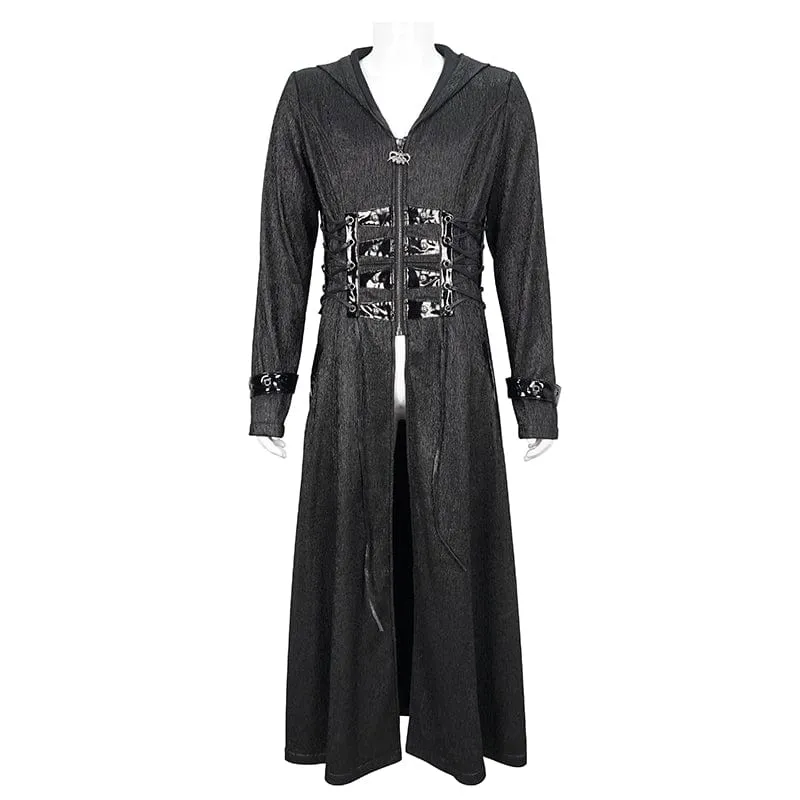 Men's Gothic Faux Leahter Splice Long Coat with Hood