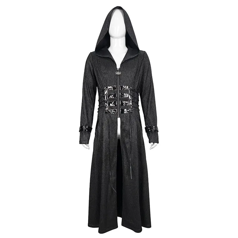 Men's Gothic Faux Leahter Splice Long Coat with Hood