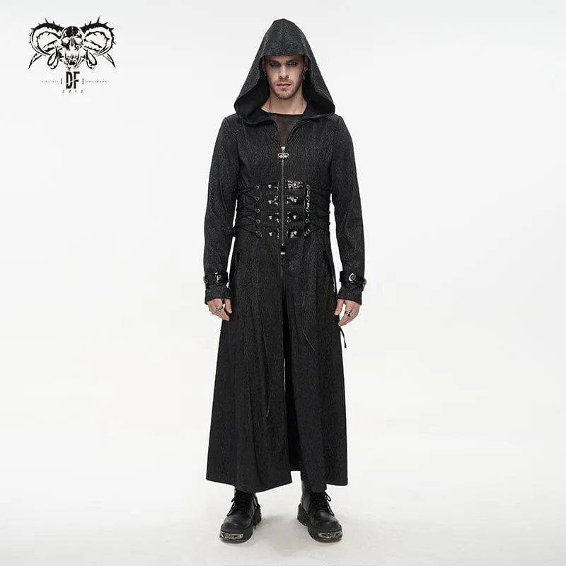 Men's Gothic Faux Leahter Splice Long Coat with Hood