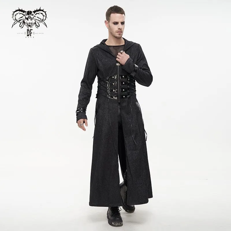 Men's Gothic Faux Leahter Splice Long Coat with Hood