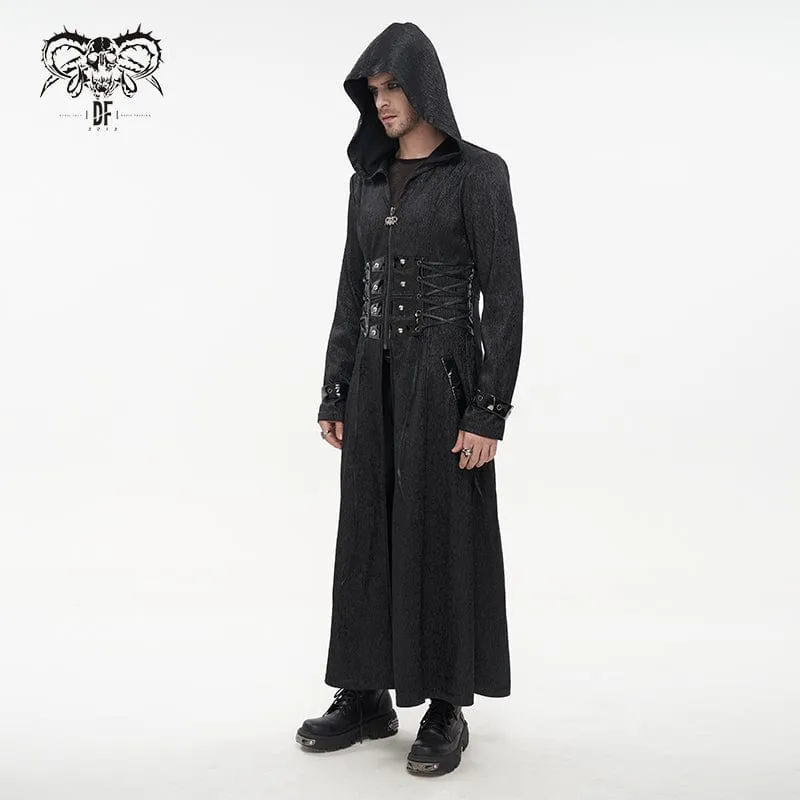 Men's Gothic Faux Leahter Splice Long Coat with Hood