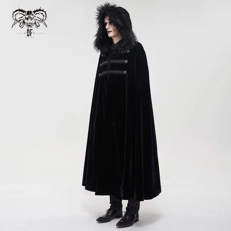 Men's Gothic Floral Long Coat with Hood Black