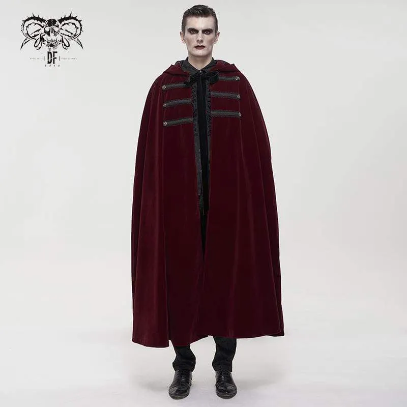 Men's Gothic Floral Long Coat with Hood Red