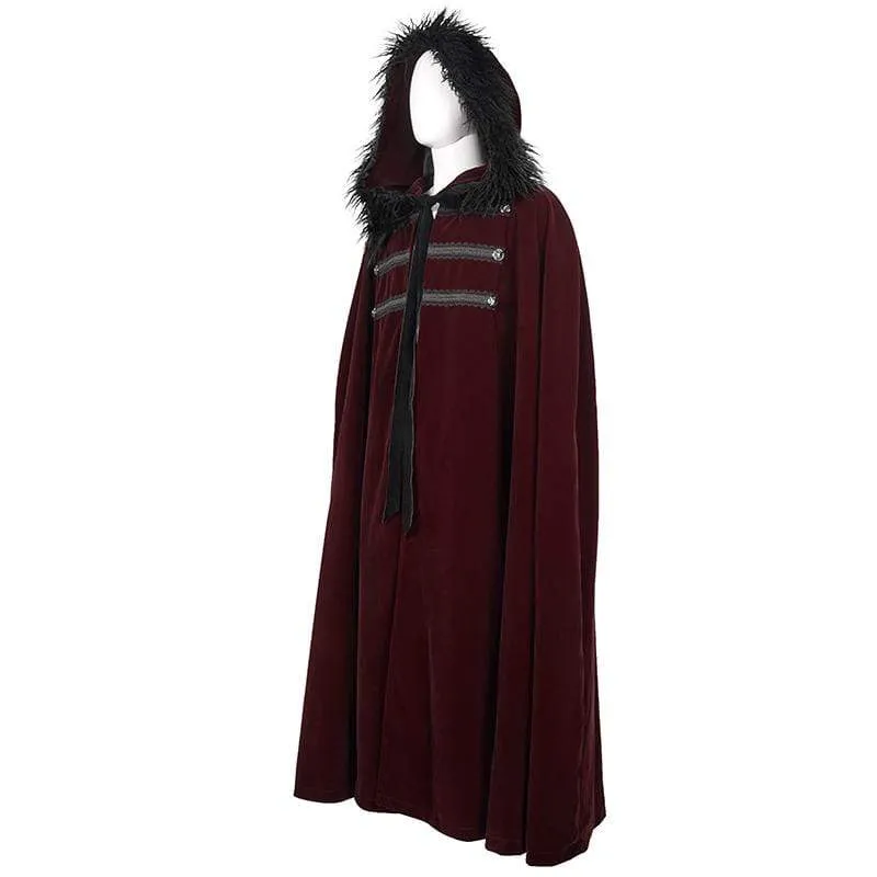 Men's Gothic Floral Long Coat with Hood Red