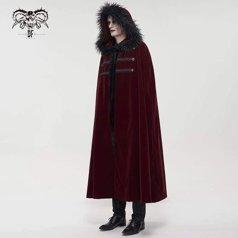 Men's Gothic Floral Long Coat with Hood Red