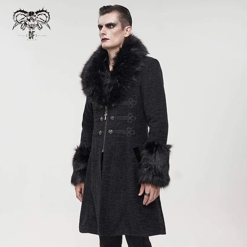 Men's Gothic Floral Zipper Coat with Detachable Faux Fur