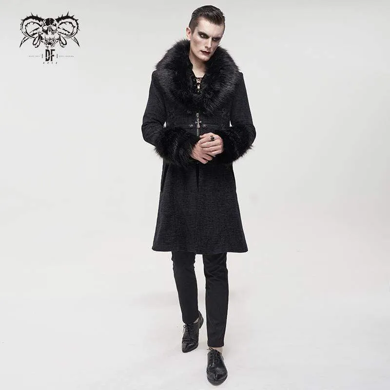 Men's Gothic Floral Zipper Coat with Detachable Faux Fur