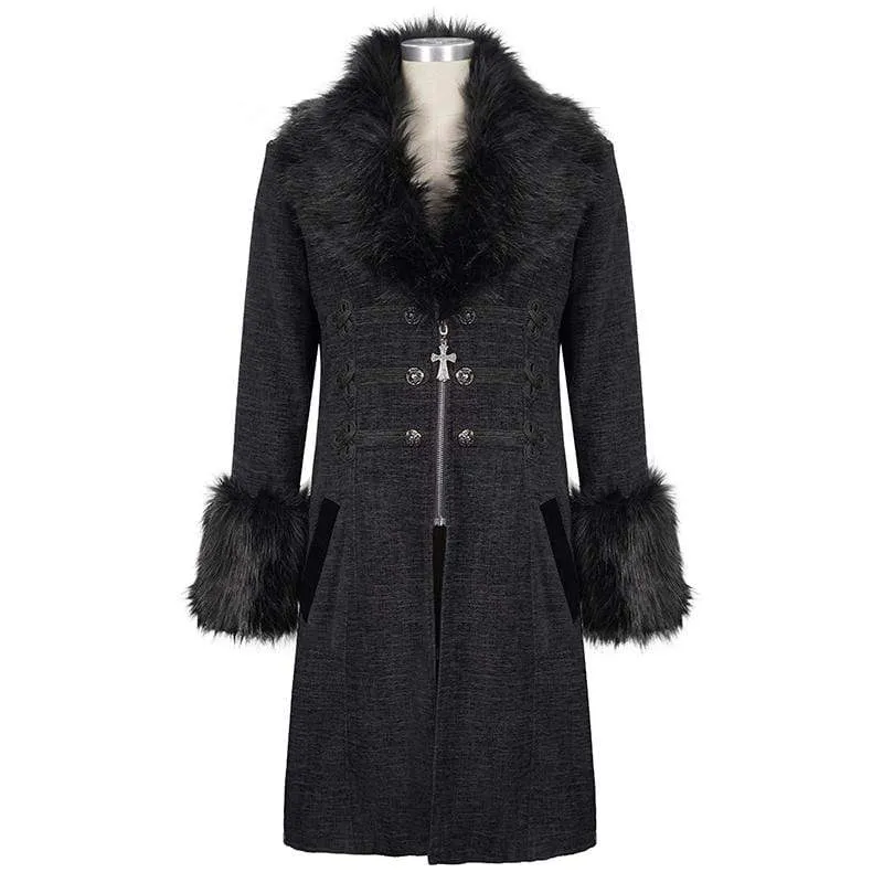 Men's Gothic Floral Zipper Coat with Detachable Faux Fur