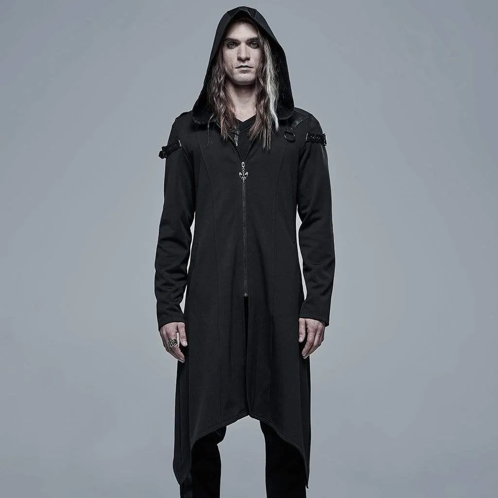 Men's Gothic Front Zip Splice Long Coat with Hood