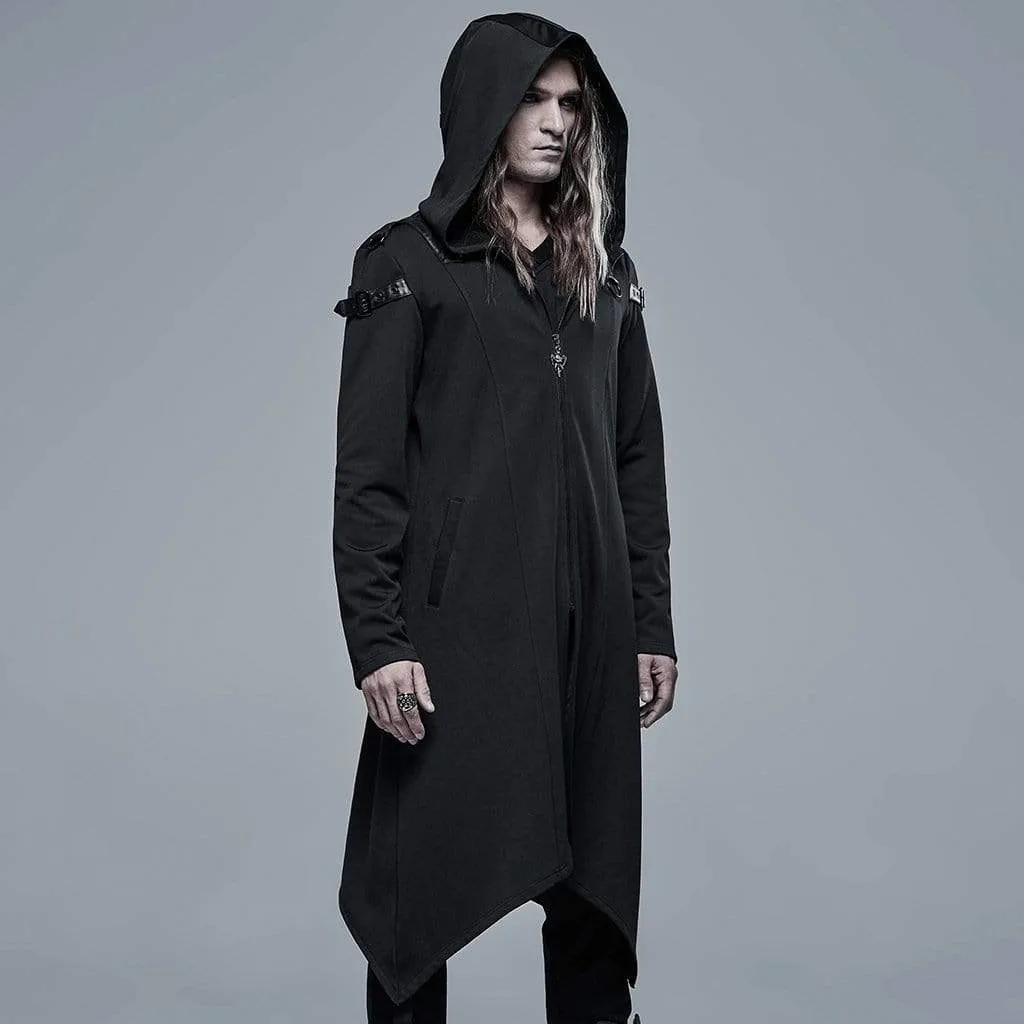 Men's Gothic Front Zip Splice Long Coat with Hood