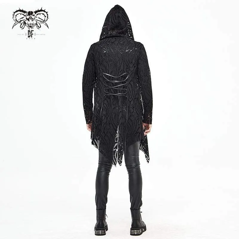 Men's Gothic Lace-up Black Crochet Coat with Hood