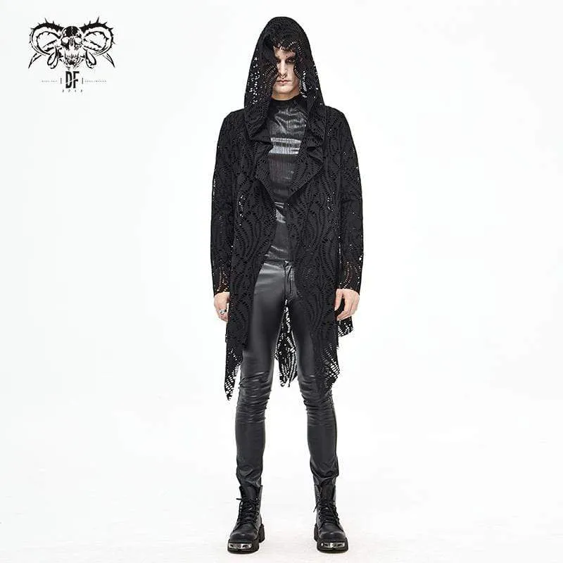 Men's Gothic Lace-up Black Crochet Coat with Hood