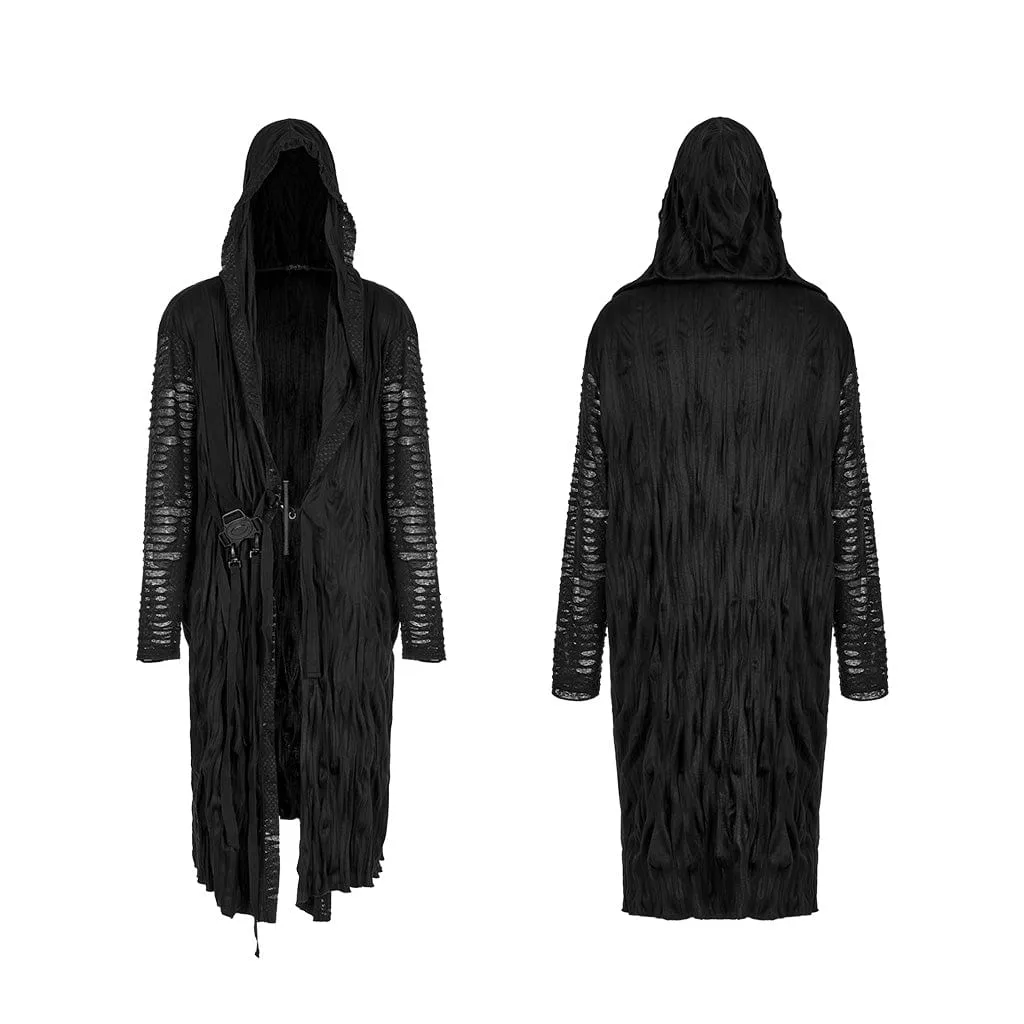 Men's Gothic Ripped Long Coat with Drawstring Hood