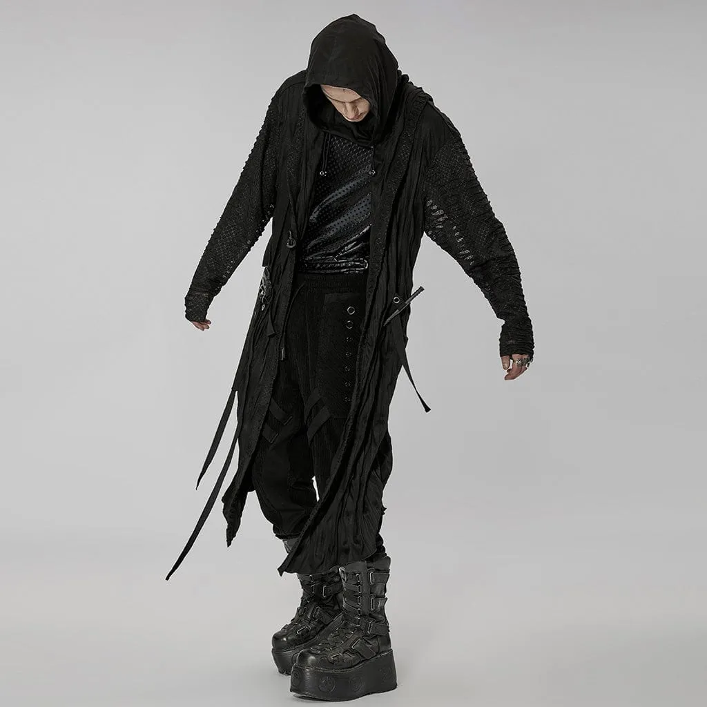 Men's Gothic Ripped Long Coat with Drawstring Hood