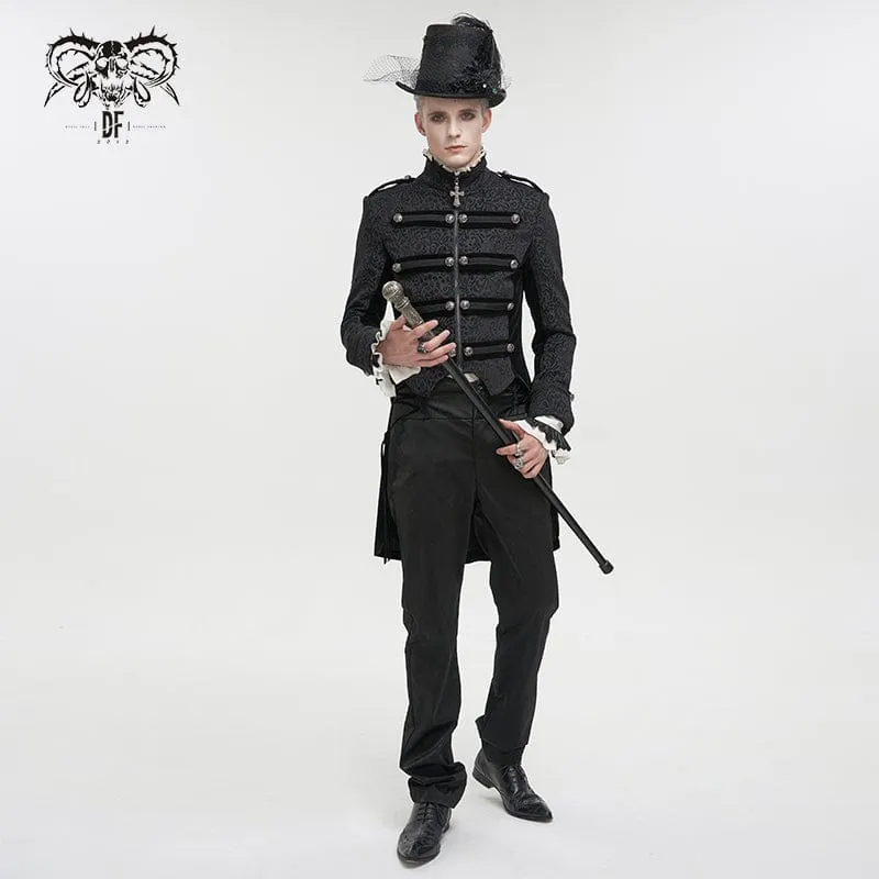 Men's Gothic Stand Collar Embossed Swallow-tailed Coat Black