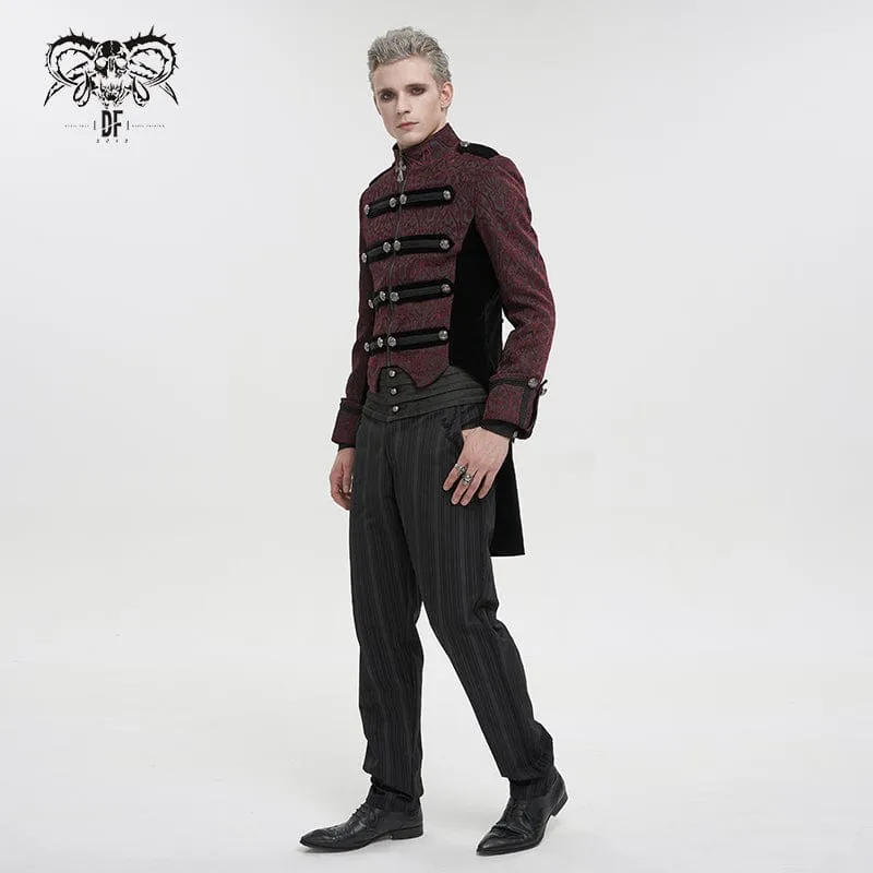 Men's Gothic Stand Collar Embossed Swallow-tailed Coat Red