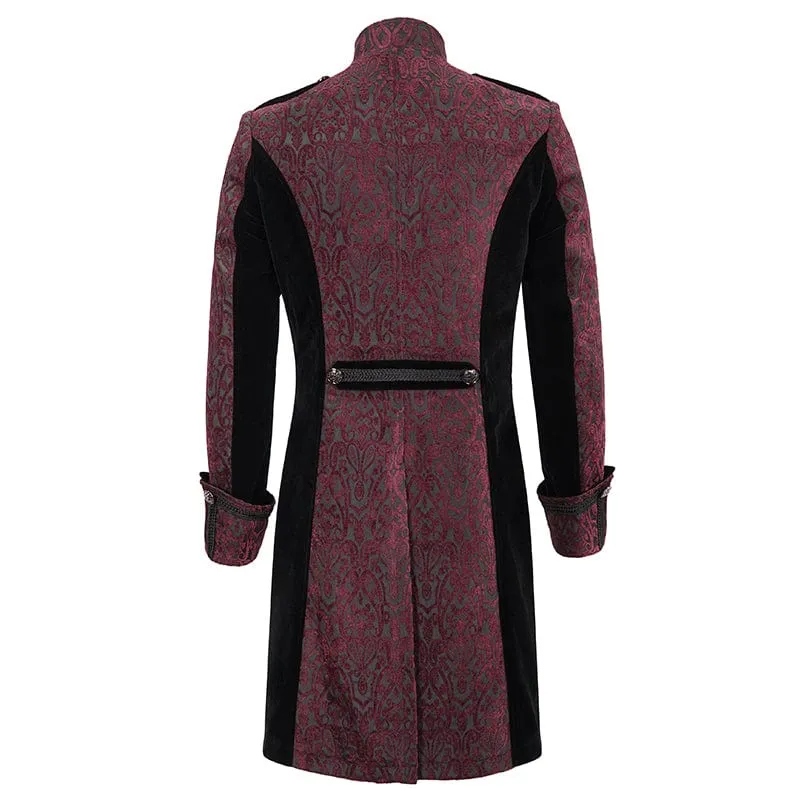 Men's Gothic Stand Collar Embossed Swallow-tailed Coat Red