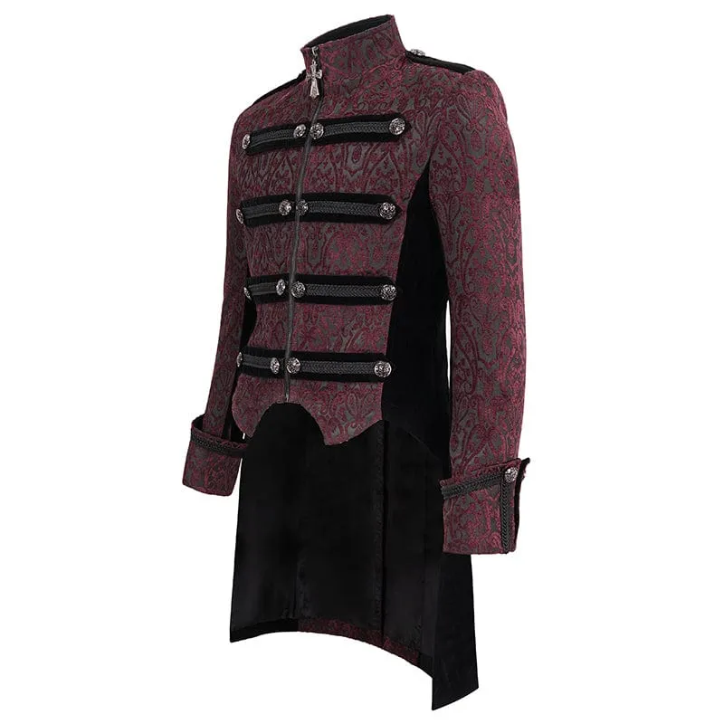 Men's Gothic Stand Collar Embossed Swallow-tailed Coat Red