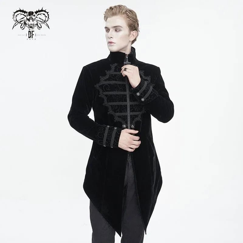 Men's Gothic Stand Collar Lace Splice Swallow-tailed Coat Black