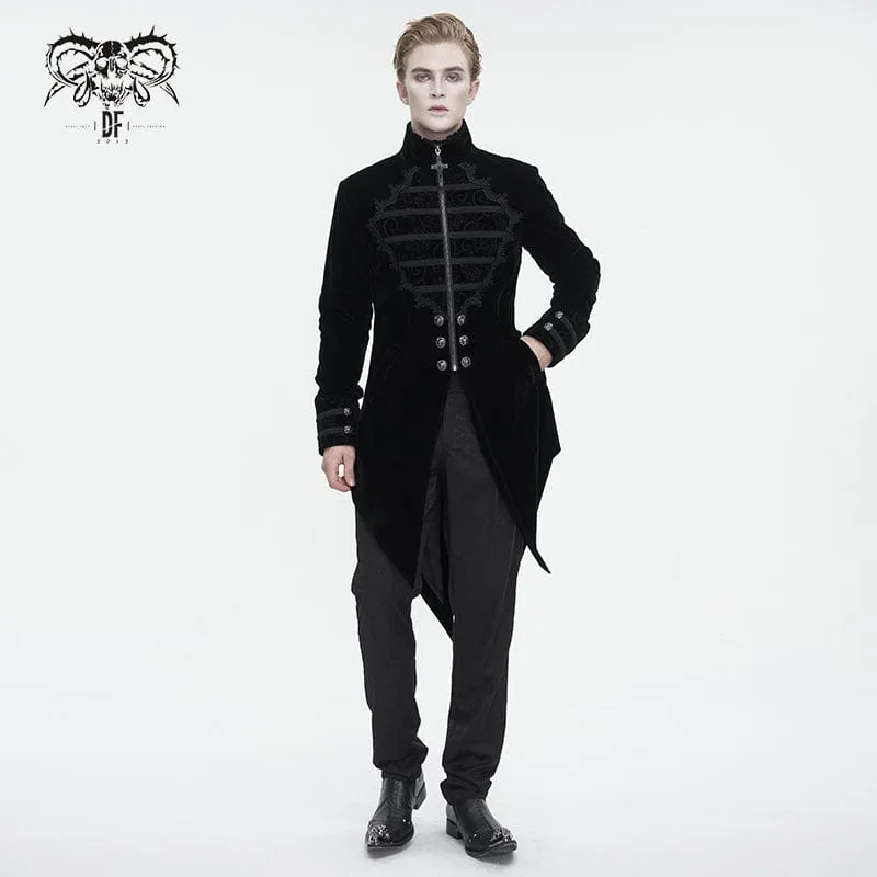 Men's Gothic Stand Collar Lace Splice Swallow-tailed Coat Black