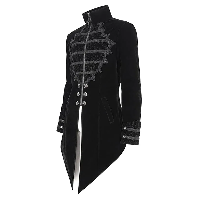 Men's Gothic Stand Collar Lace Splice Swallow-tailed Coat Black