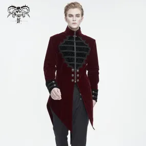 Men's Gothic Stand Collar Lace Splice Swallow-tailed Coat Red