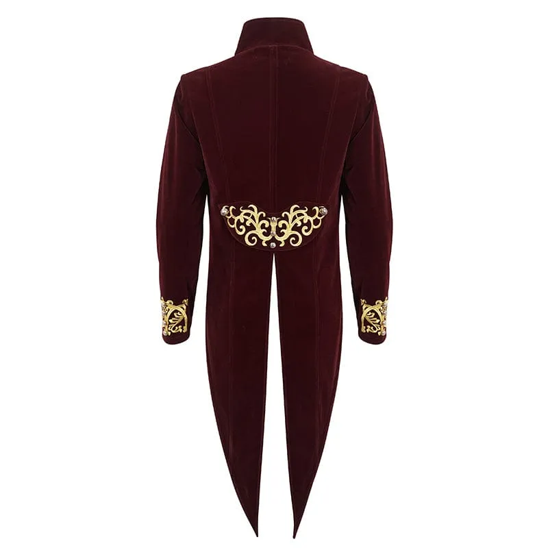 Men's Gothic Totem Embroidered Swallow-tailed Coat Red