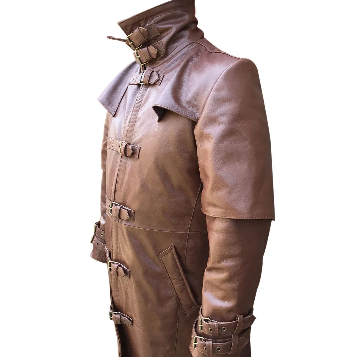 Mens Long Coat Brown Leather Goth Matrix Steampunk Gothic Van Helsing (T5-BRW)