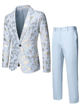 Men's White & Gold Jacquard Blazer Dinner Jacket & Pants Suit