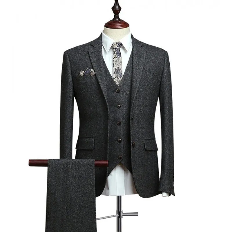 Men's Wool Tweed Formal Lapel suit Men's Herringbone Suits 3 Piece Groom Formal Work Business Tailormade Tuxedos Blazer, Pants & Vest 16